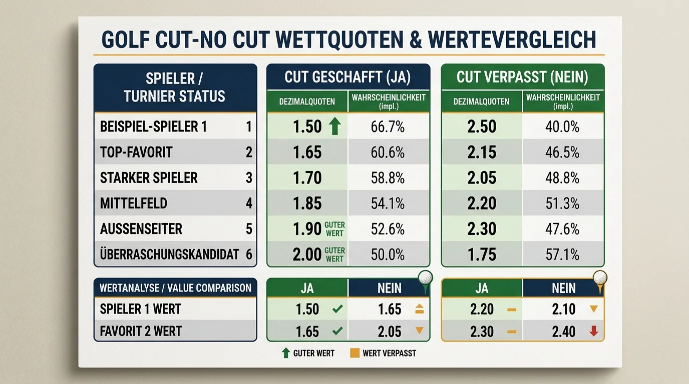 Quoten und Wert bei Cut-Wetten beim Golf zeigt Wertbereiche für Make Cut und Miss Cut Märkte