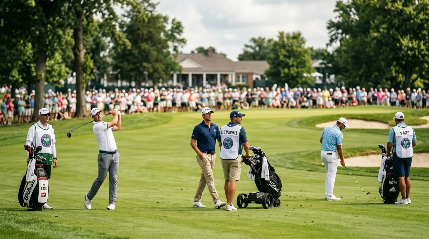 Drei Golfspieler starten gemeinsam - Dreiball-Startgruppe auf dem ersten Abschlag beim Turnier