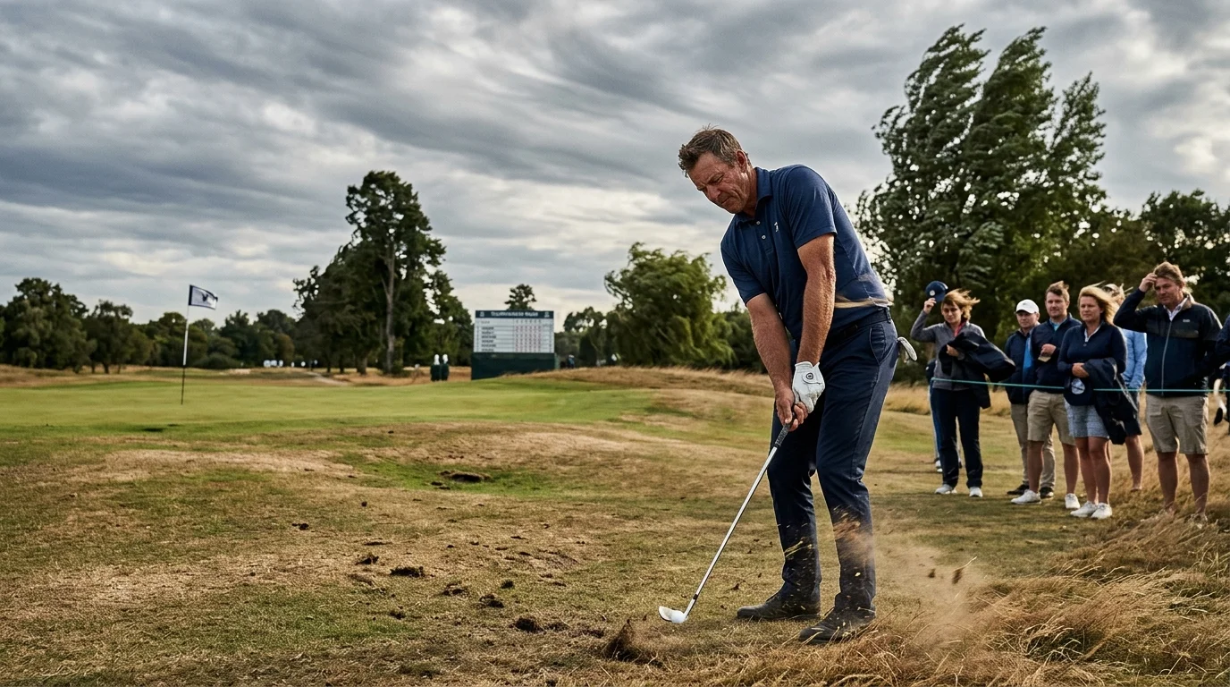 Golf Spieler auf Fairway bei windigen Bedingungen - Wettereinfluss auf Dreiball-Rundenergebnis