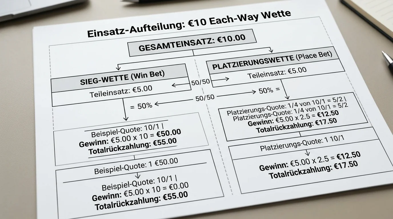 Each-Way Wette Mechanismus Golf - Aufteilung Einsatz in Siegwette und Platzierungswette erklärt