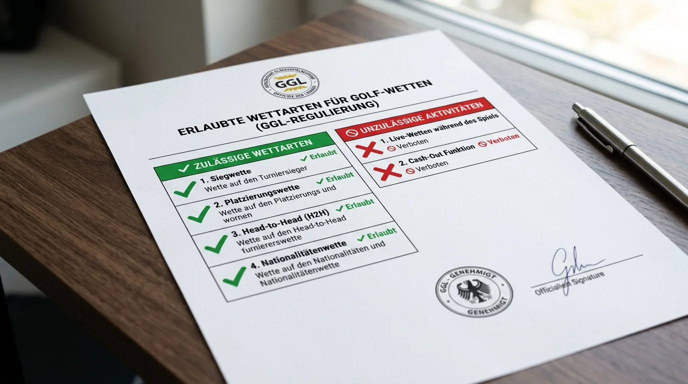 Die vier GGL-erlaubten Golf Wettarten in Deutschland — Siegwette, Platzierung, H2H und Nationalitätenwette