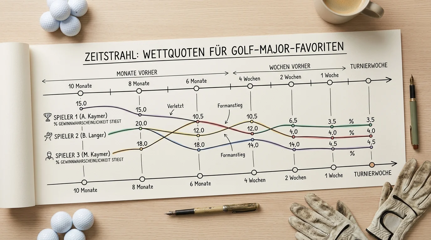 Entwicklung der Favoritenquoten bei Golf-Majors von Antepost bis zur Turnierwoche