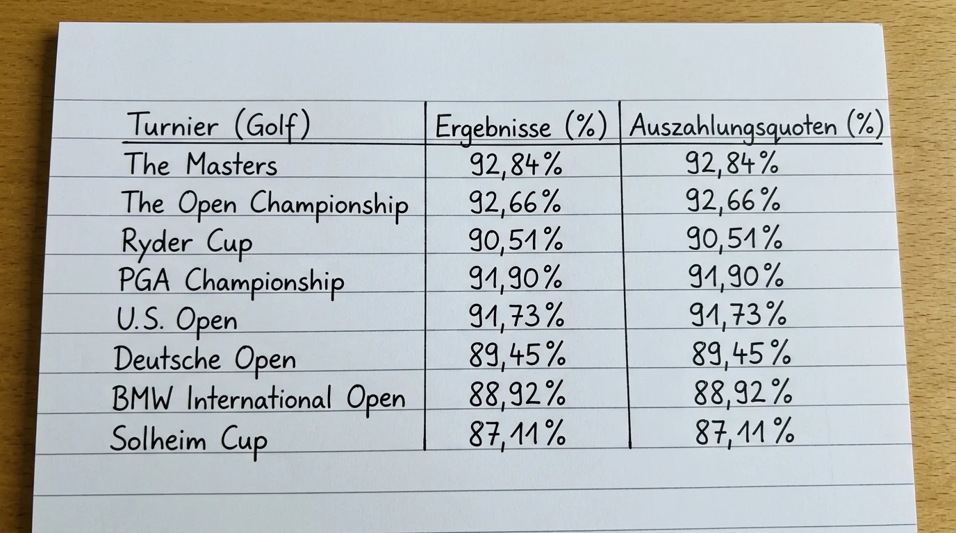 Benchmark-Werte des Quotenschlüssels bei Golf Major-Turnieren und H2H-Wetten verschiedener Anbieter 2026
