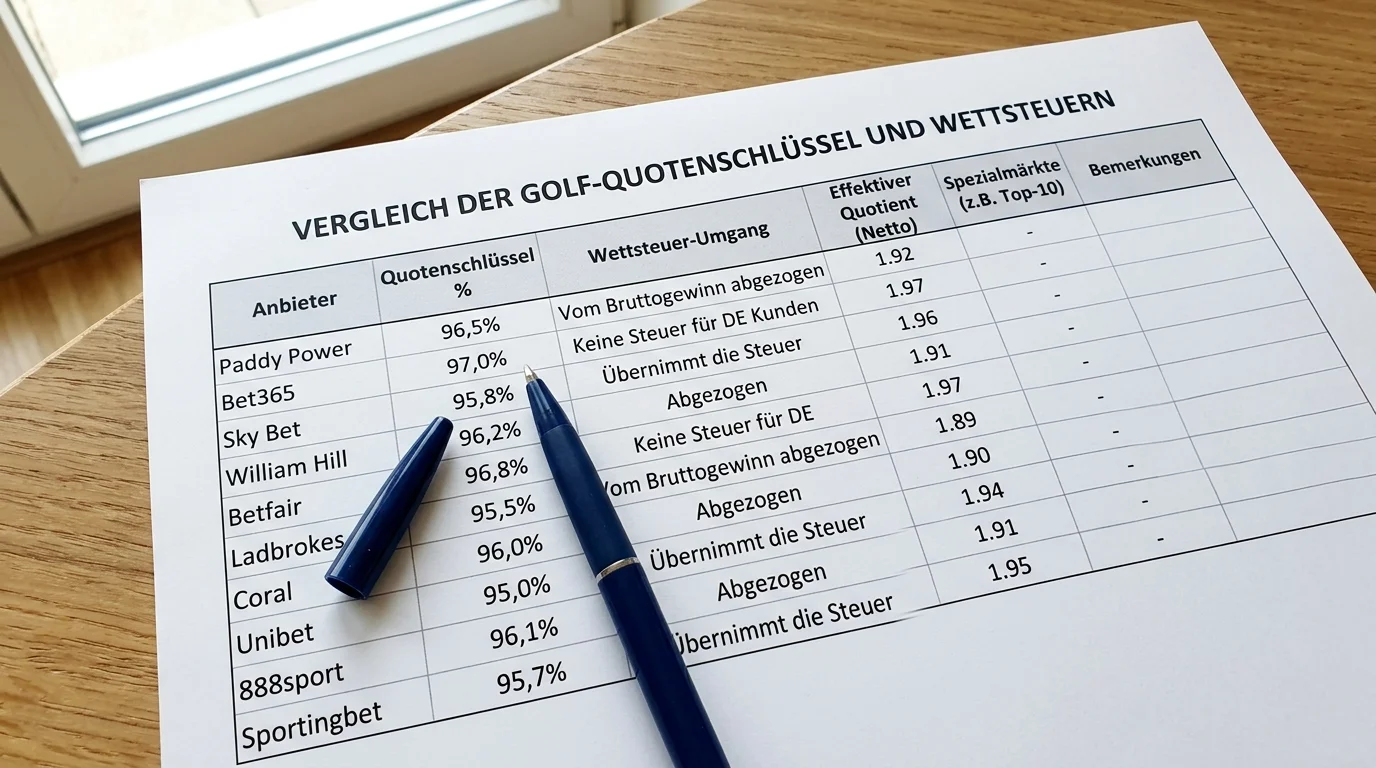 Golf Quotenschlüssel Vergleich zwischen verschiedenen deutschen Buchmachern für Head-to-Head, Outright und Dreiball-Wetten