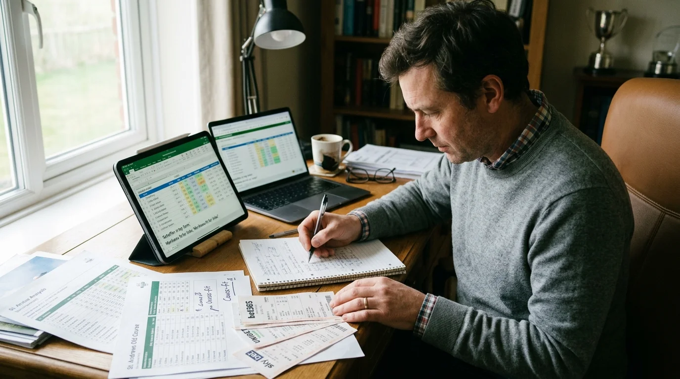 Golf Siegwette Wertanalyse - Wetter analysiert Quotenvergleich für Outright-Entscheidung am Laptop