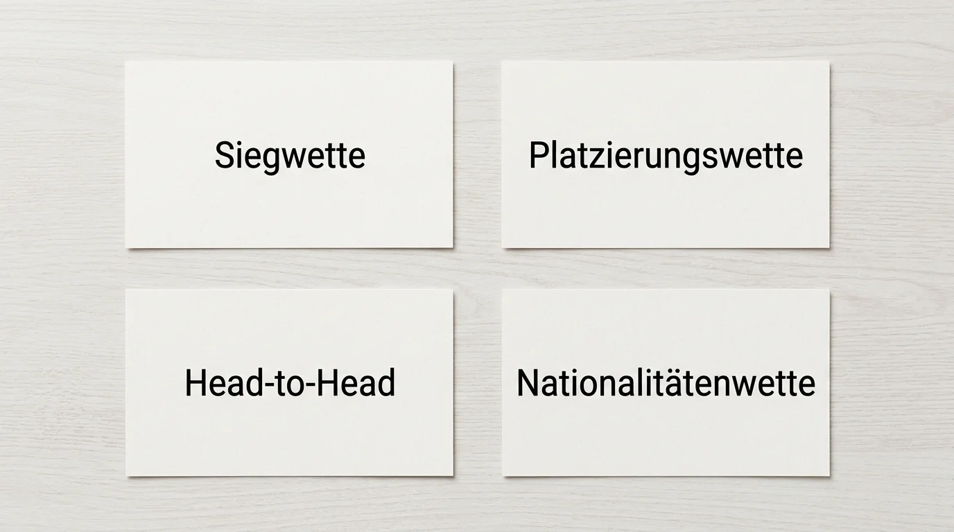 Übersicht der vier GGL-konformen Golf Wettarten: Siegwette, Platzierungswette, Head-to-Head und Nationalitätenwette in Deutschland