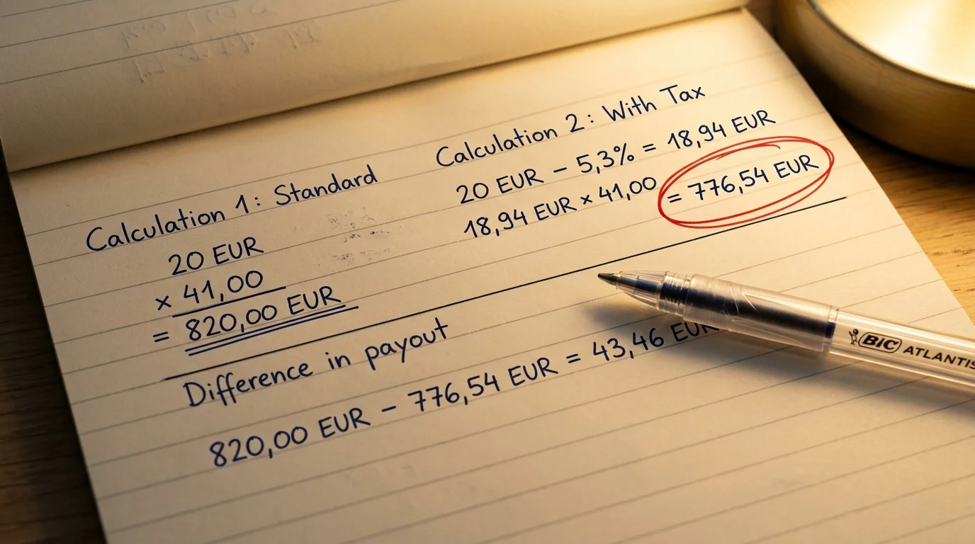 Mathematische Auswirkung der 5,3 Prozent Wettsteuer auf eine Golf-Quote von 41,00 mit 20-Euro-Einsatz