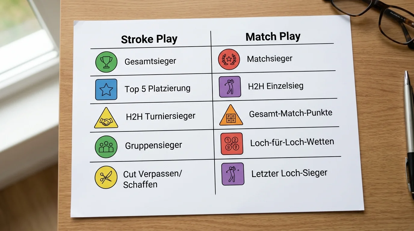 Wettmärkte Vergleich: Verfügbare Wettarten bei Match Play und Stroke Play Golfturnieren im deutschen Markt