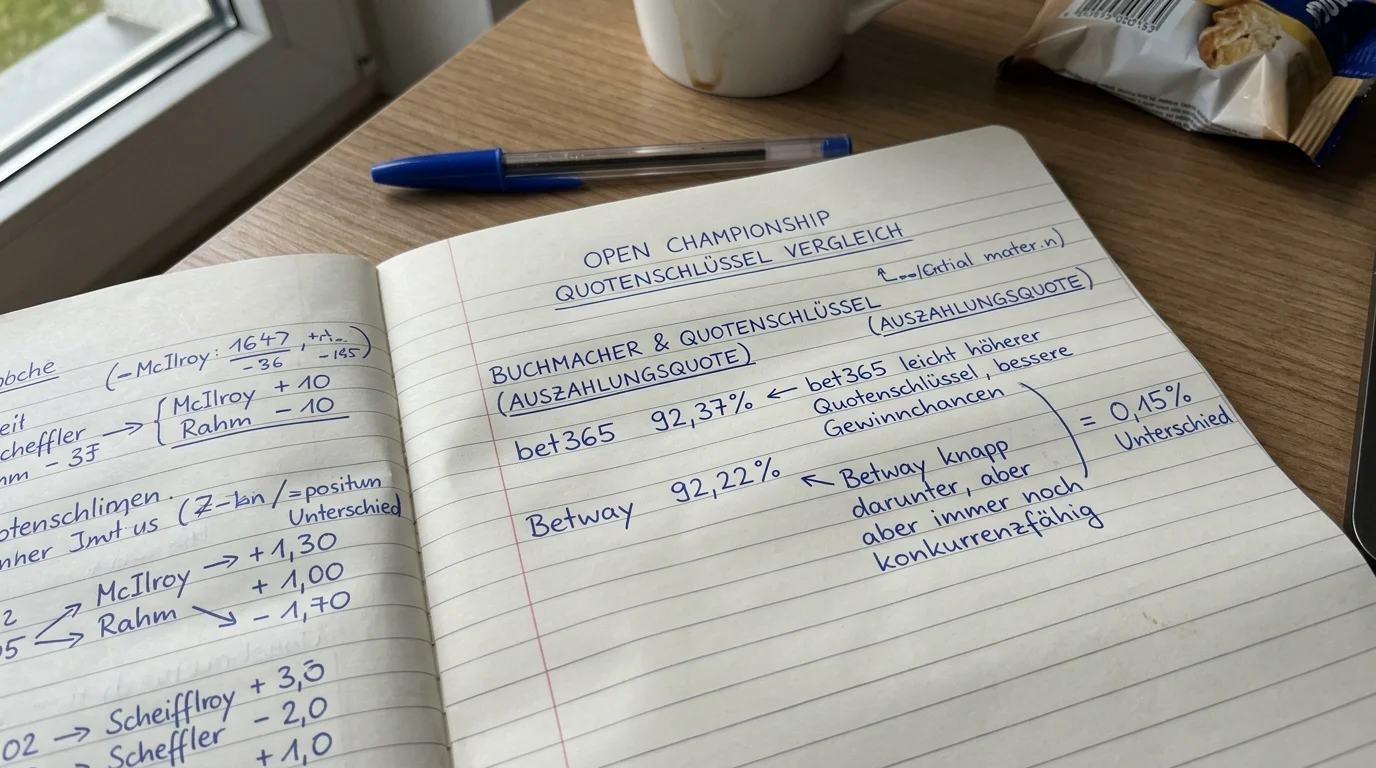 Quotenschlüssel The Open Championship — bet365 92,37% vs Betway 92,22% im Anbietervergleich