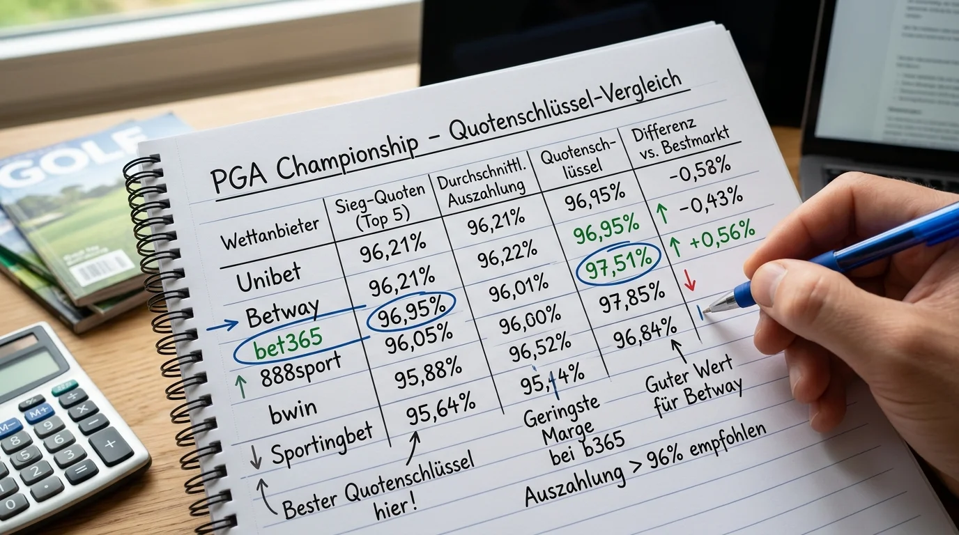 Quotenschlüssel PGA Championship Betway 92,95% vs bet365 92,51% im direkten Vergleich