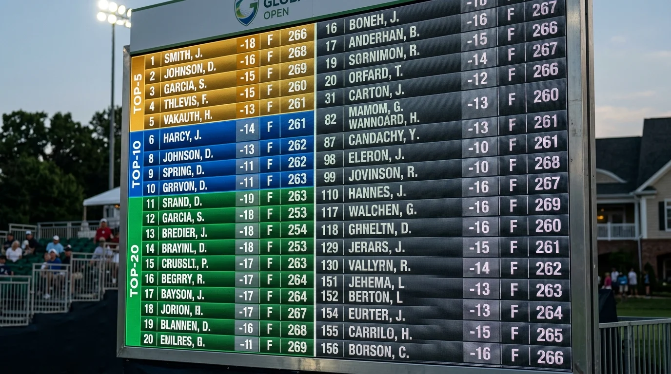 Golf Turnier Leaderboard Platzierung - Spieler in Top 10 beim Golfturnier auf Anzeigetafel
