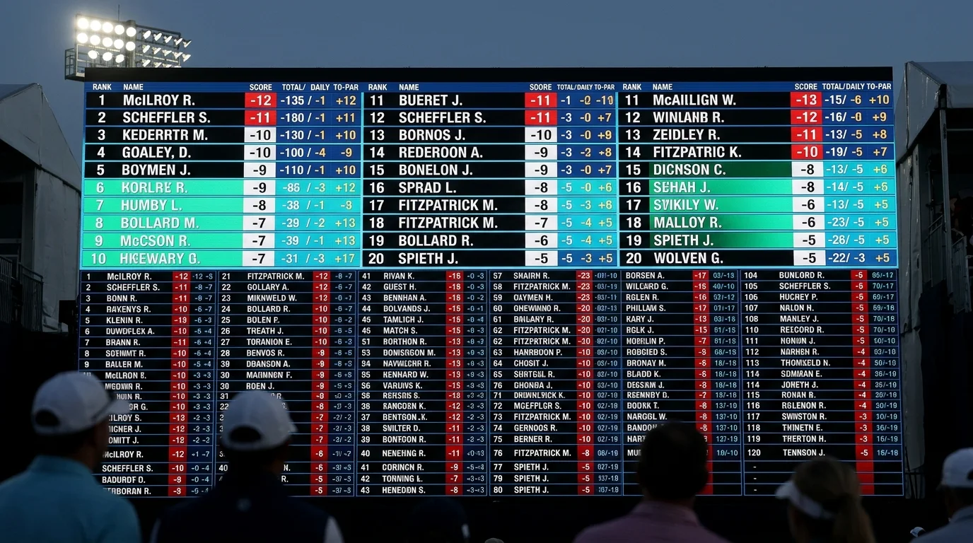 Golf Turnier Leaderboard Anzeige - Top 20 Platzierung bei 156er Feld auf Anzeigetafel sichtbar