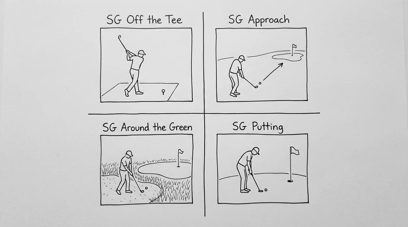 Übersicht der vier Strokes Gained Kategorien Off-the-Tee, Approach, Around-the-Green und Putting für Golf Wetten