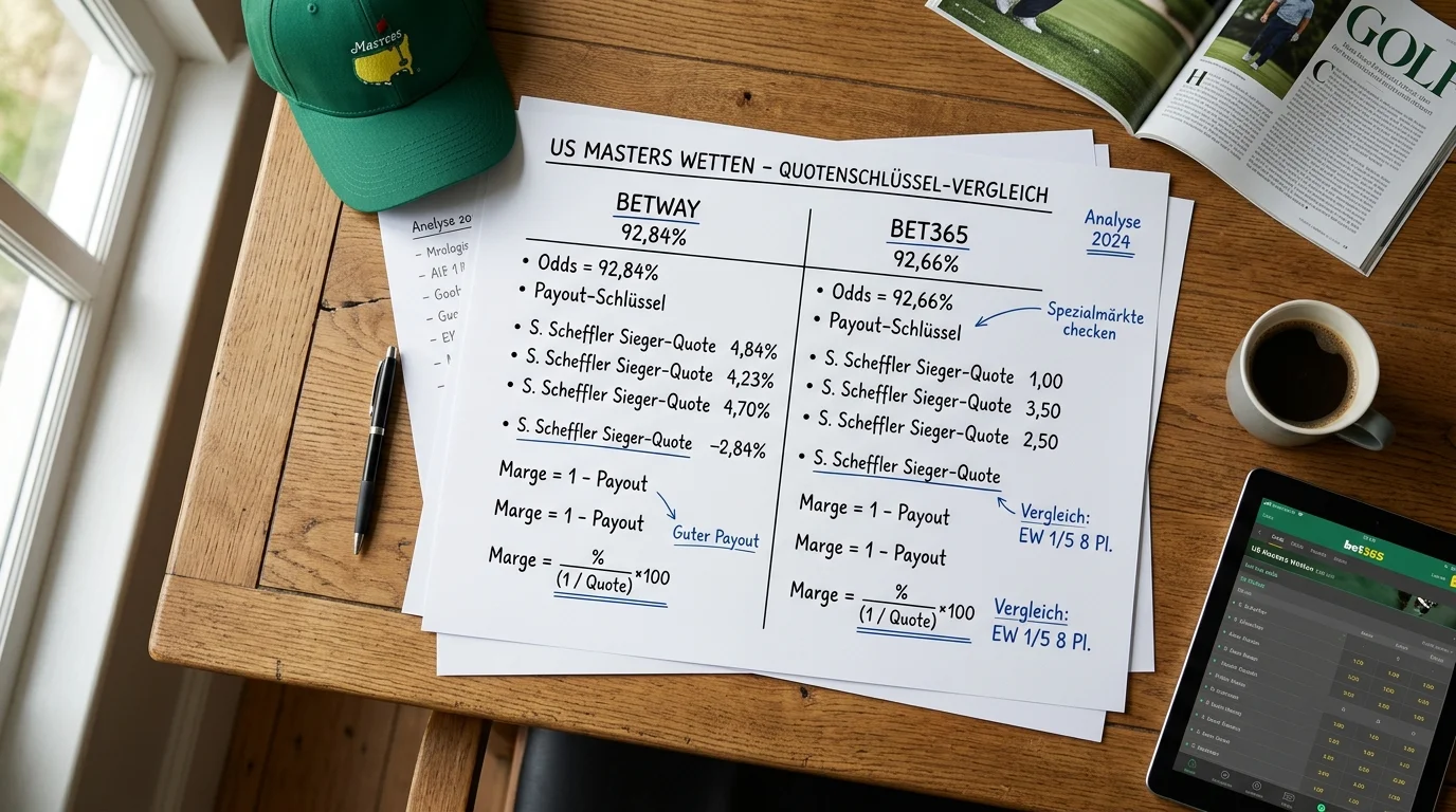 Quotenschlüssel-Vergleich US Masters Betway 92,84% und bet365 92,66% für Outright-Wetten