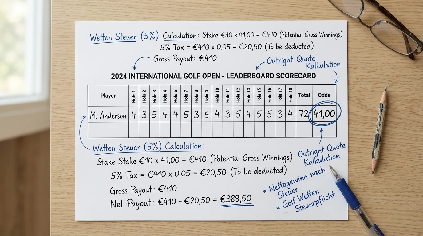 Kalkulation der Wettsteuer bei langen Golf Outright-Quoten ab 41,00 für Sportwetten Strategie